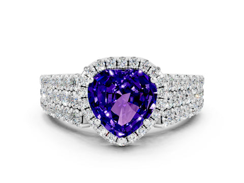 White gold Heart Cut Halo Pavé Diamond Engagement Ring with Split Shank and Four-Prong Setting