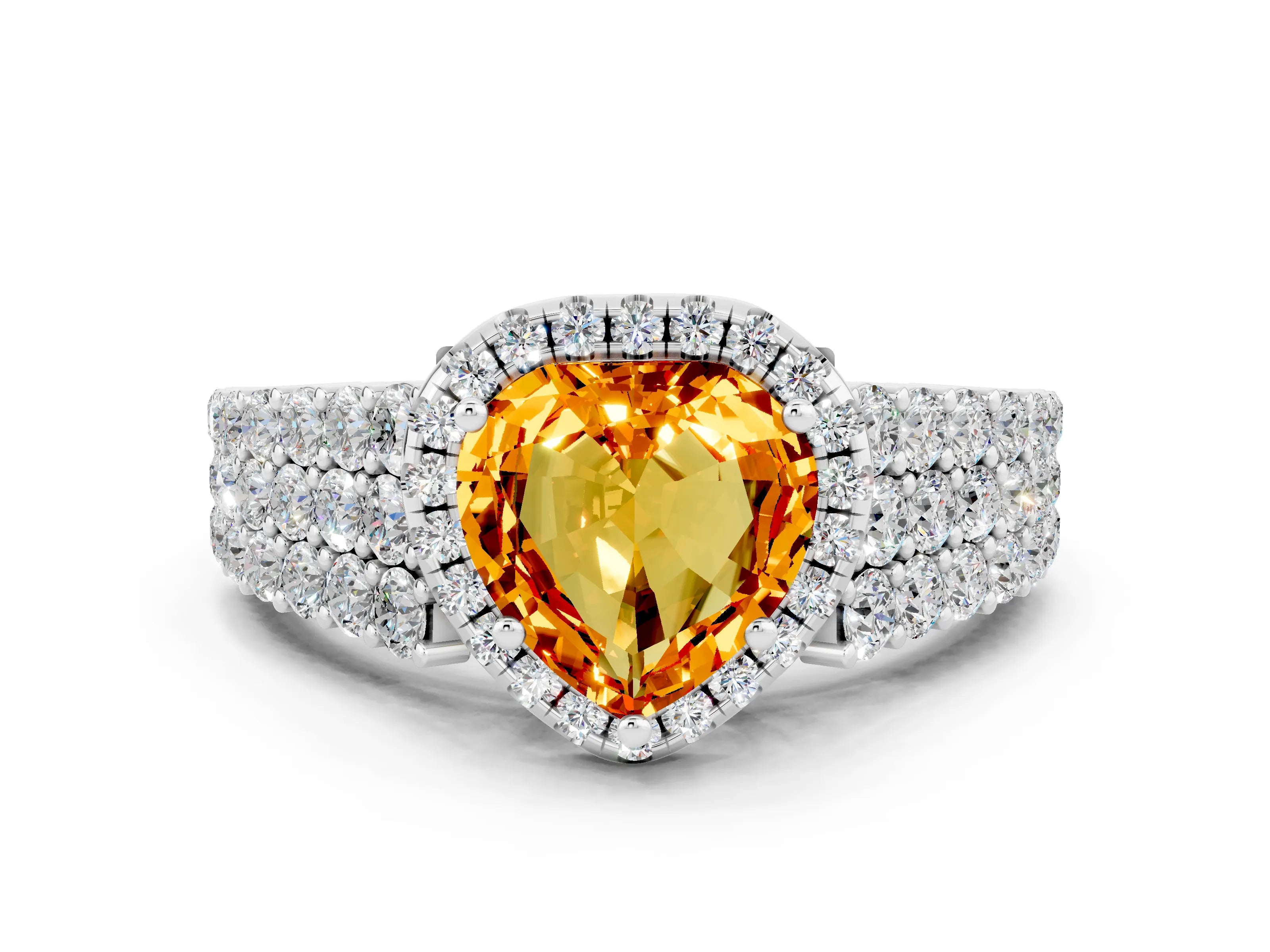 White gold Heart Cut Halo Pavé Diamond Engagement Ring with Split Shank and Four-Prong Setting