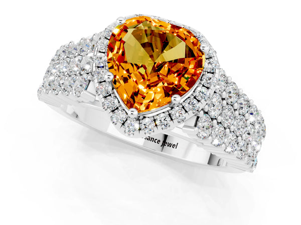 Platinum Heart Cut Citrine Halo Engagement Ring with Triple Row Round Pavé Band and Prong Setting