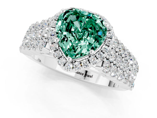 Platinum Heart Cut Green Sapphire Halo Engagement Ring with Triple Row Round Pavé Band and Prong Setting