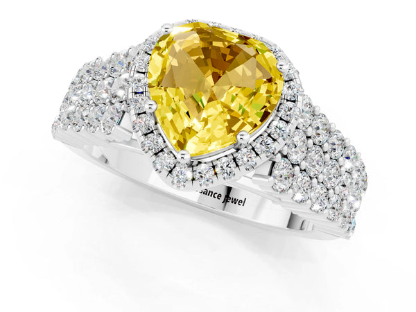 Silver Heart Cut Yellow Sapphire Halo Engagement Ring with Triple Row Round Pavé Band and Prong Setting