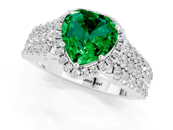 White gold Heart Cut Emerald Halo Engagement Ring with Triple Row Round Pavé Band and Prong Setting