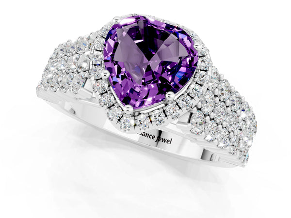 Platinum Heart Cut Amethyst Halo Engagement Ring with Triple Row Round Pavé Band and Prong Setting