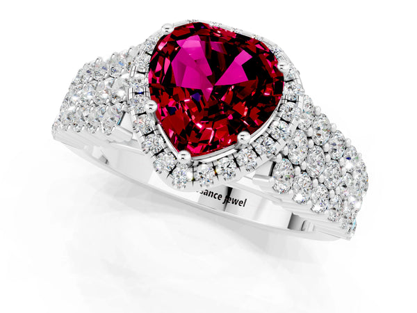 Platinum Heart Cut Garnet Halo Engagement Ring with Triple Row Round Pavé Band and Prong Setting