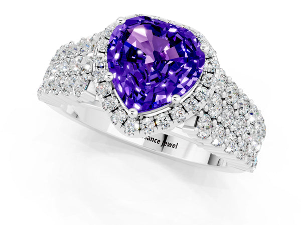 White gold Heart Cut Tanzanite Halo Engagement Ring with Triple Row Round Pavé Band and Prong Setting