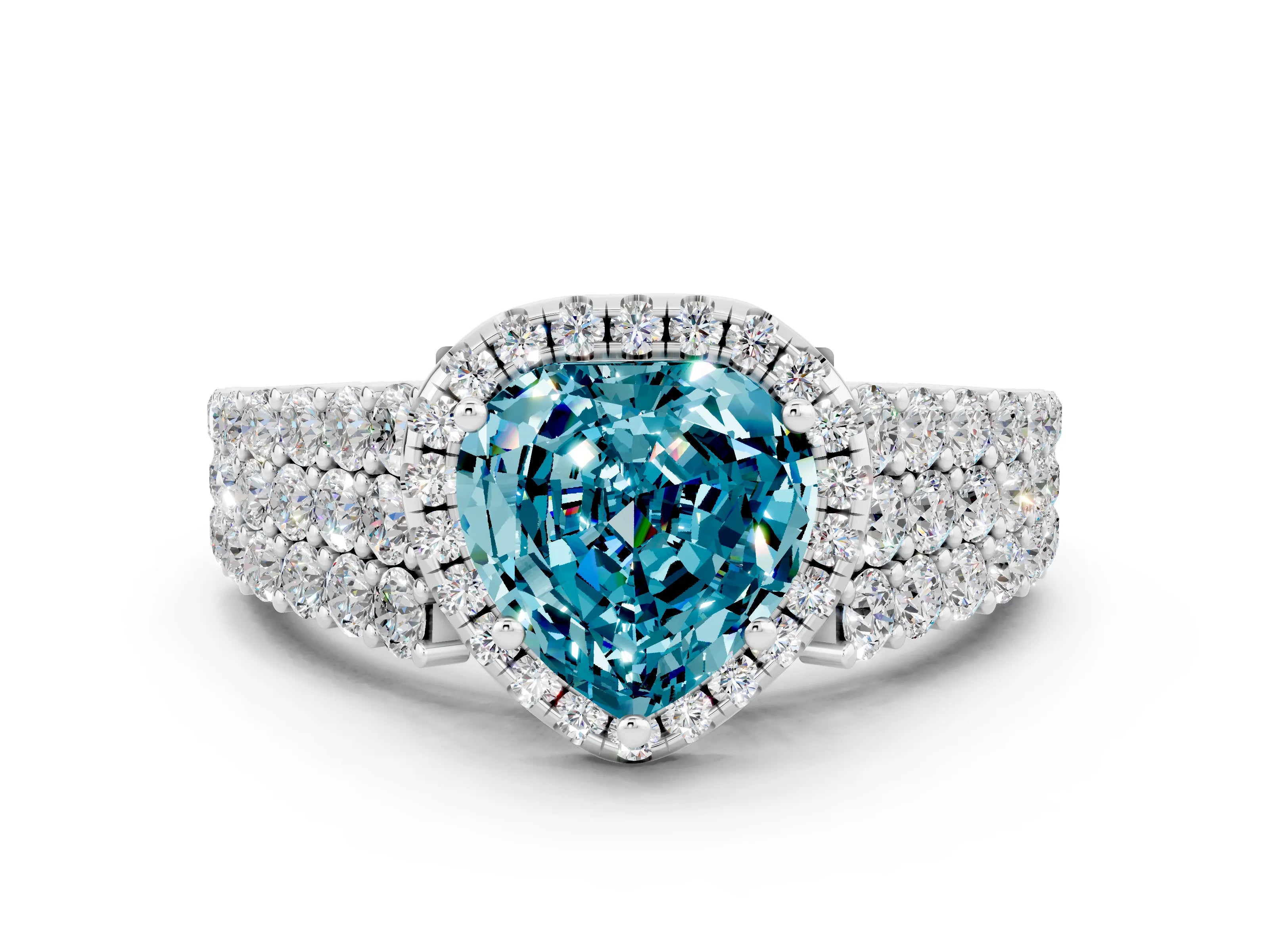 White gold Heart Cut Halo Pavé Diamond Engagement Ring with Split Shank and Four-Prong Setting