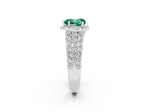 Platinum Heart Cut Green Sapphire Halo Engagement Ring with Triple Row Round Pavé Band and Prong Setting