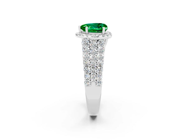 Platinum Heart Cut Emerald Halo Engagement Ring with Triple Row Round Pavé Band and Prong Setting