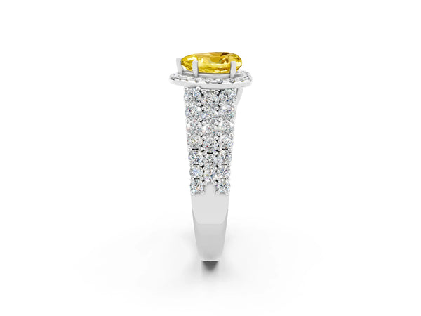 Silver Heart Cut Yellow Sapphire Halo Engagement Ring with Triple Row Round Pavé Band and Prong Setting
