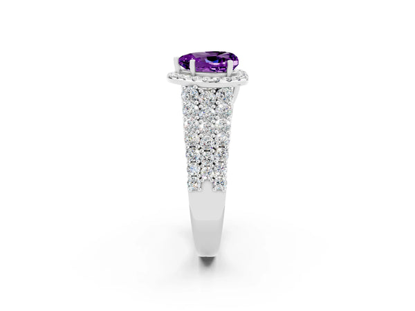 Platinum Heart Cut Amethyst Halo Engagement Ring with Triple Row Round Pavé Band and Prong Setting