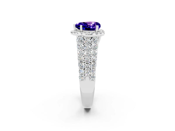 Platinum Heart Cut Tanzanite Halo Engagement Ring with Triple Row Round Pavé Band and Prong Setting