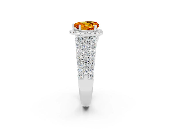 Platinum Heart Cut Citrine Halo Engagement Ring with Triple Row Round Pavé Band and Prong Setting