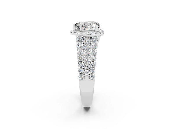 Silver Heart Cut Moissanite Halo Engagement Ring with Triple Row Round Pavé Band and Prong Setting