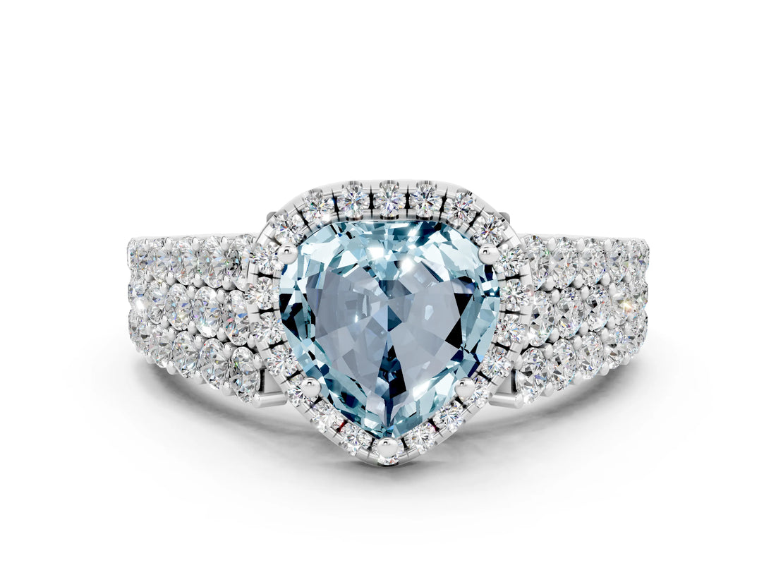 White gold Heart Cut Halo Pavé Diamond Engagement Ring with Split Shank and Four-Prong Setting