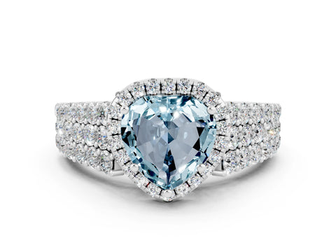 White gold Heart Cut Halo Pavé Diamond Engagement Ring with Split Shank and Four-Prong Setting