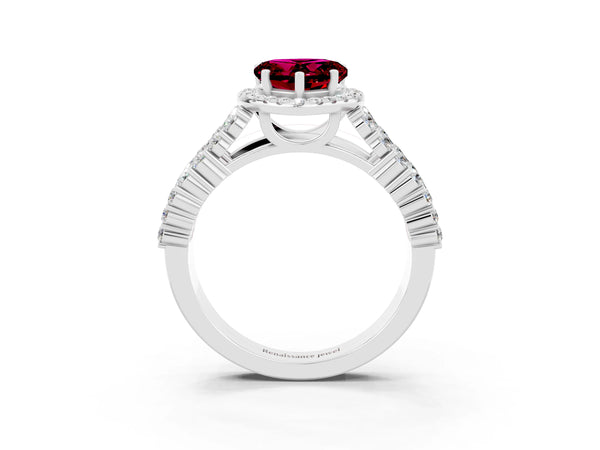 Platinum Heart Cut Garnet Halo Engagement Ring with Triple Row Round Pavé Band and Prong Setting