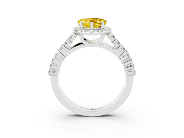 Silver Heart Cut Yellow Sapphire Halo Engagement Ring with Triple Row Round Pavé Band and Prong Setting