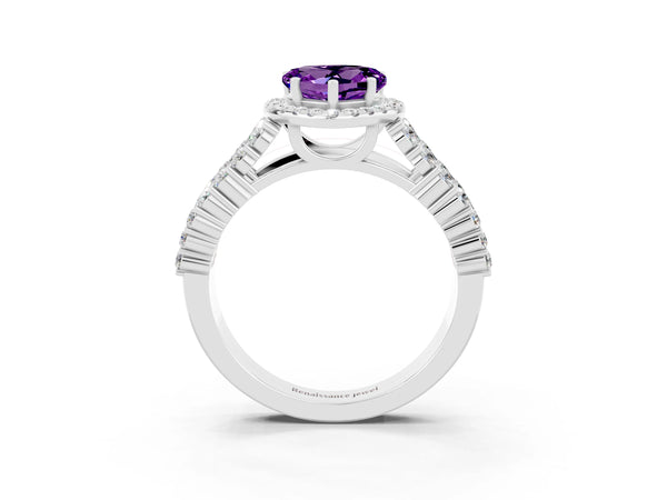 Platinum Heart Cut Amethyst Halo Engagement Ring with Triple Row Round Pavé Band and Prong Setting
