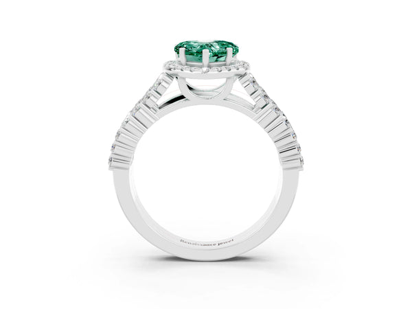 Platinum Heart Cut Green Sapphire Halo Engagement Ring with Triple Row Round Pavé Band and Prong Setting