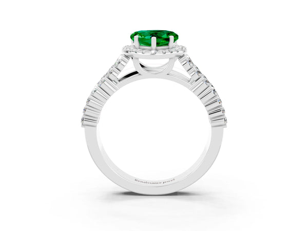 Platinum Heart Cut Emerald Halo Engagement Ring with Triple Row Round Pavé Band and Prong Setting