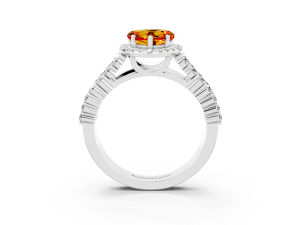 Platinum Heart Cut Citrine Halo Engagement Ring with Triple Row Round Pavé Band and Prong Setting
