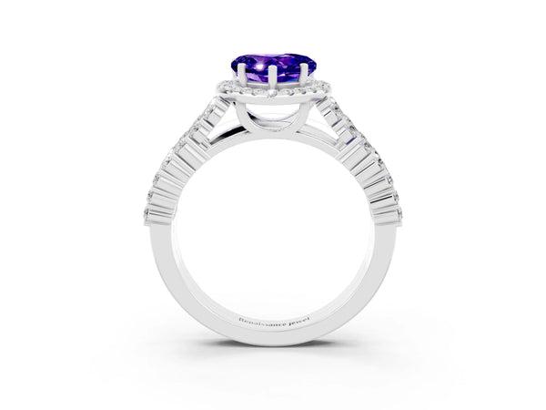 Platinum Heart Cut Tanzanite Halo Engagement Ring with Triple Row Round Pavé Band and Prong Setting