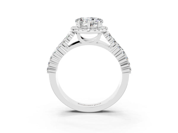 Platinum Heart Cut Moissanite Halo Engagement Ring with Triple Row Round Pavé Band and Prong Setting