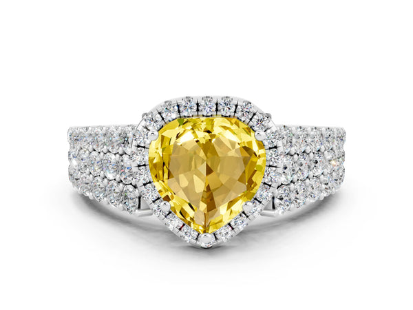 Silver Heart Cut Yellow Sapphire Halo Engagement Ring with Triple Row Round Pavé Band and Prong Setting