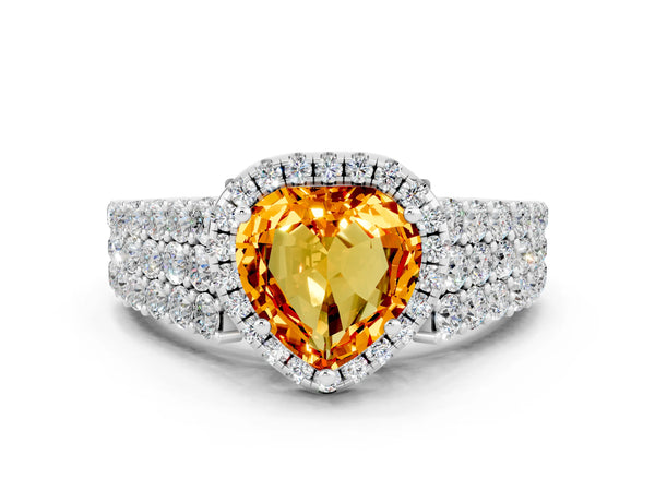 White gold Heart Cut Citrine Halo Engagement Ring with Triple Row Round Pavé Band and Prong Setting