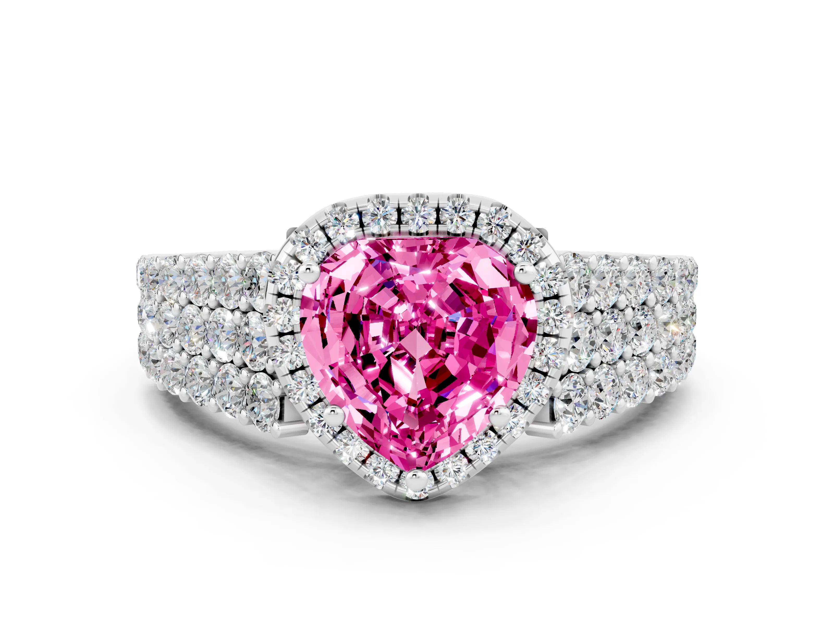 White gold Heart Cut Halo Pavé Diamond Engagement Ring with Split Shank and Four-Prong Setting