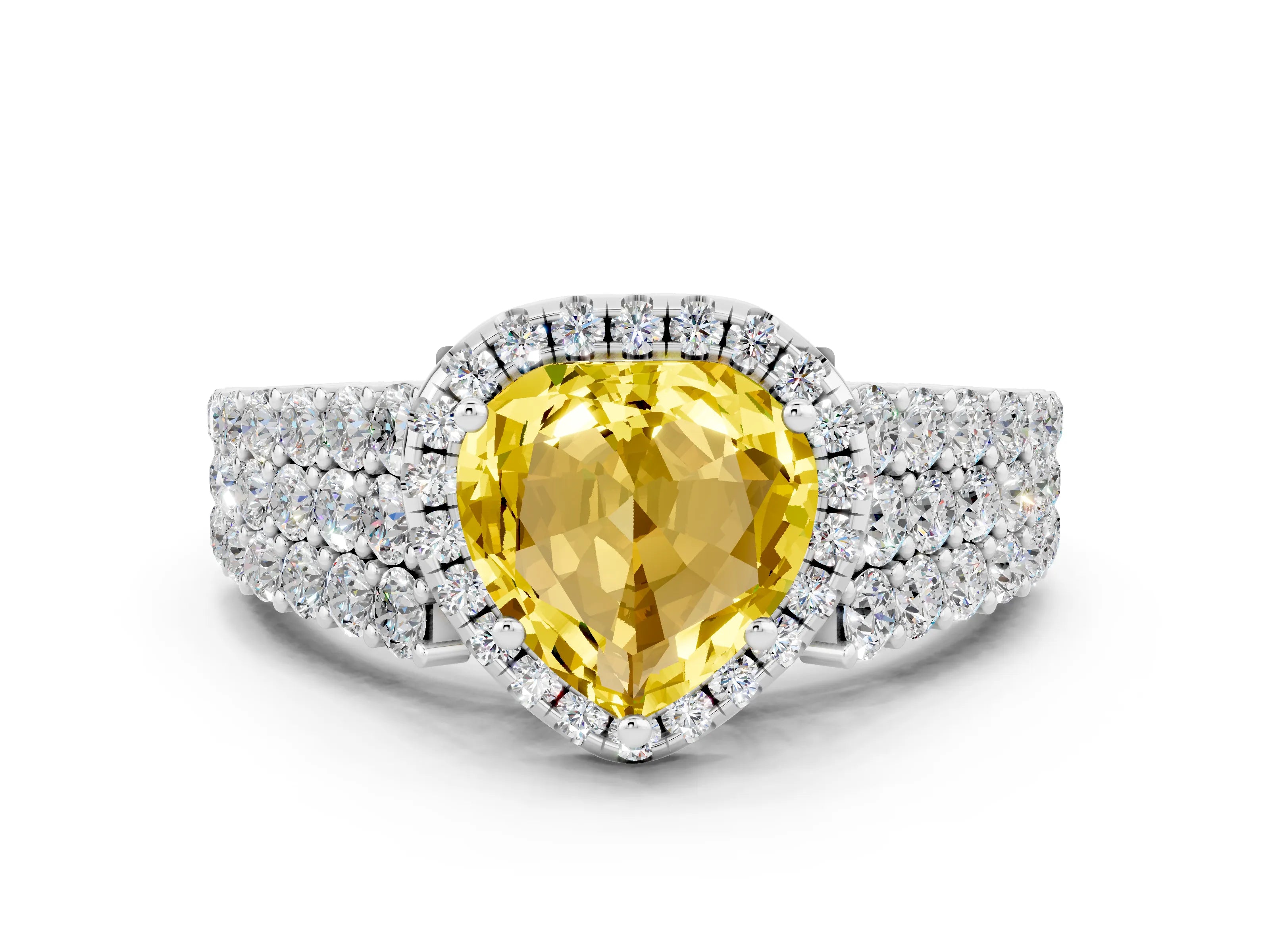 White gold Heart Cut Halo Pavé Diamond Engagement Ring with Split Shank and Four-Prong Setting