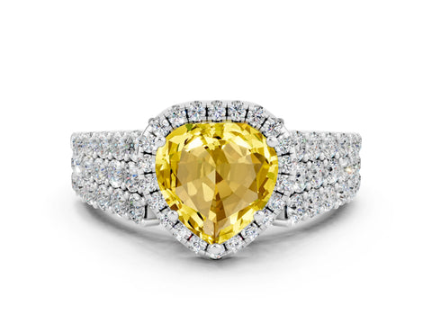 White gold Heart Cut Halo Pavé Diamond Engagement Ring with Split Shank and Four-Prong Setting
