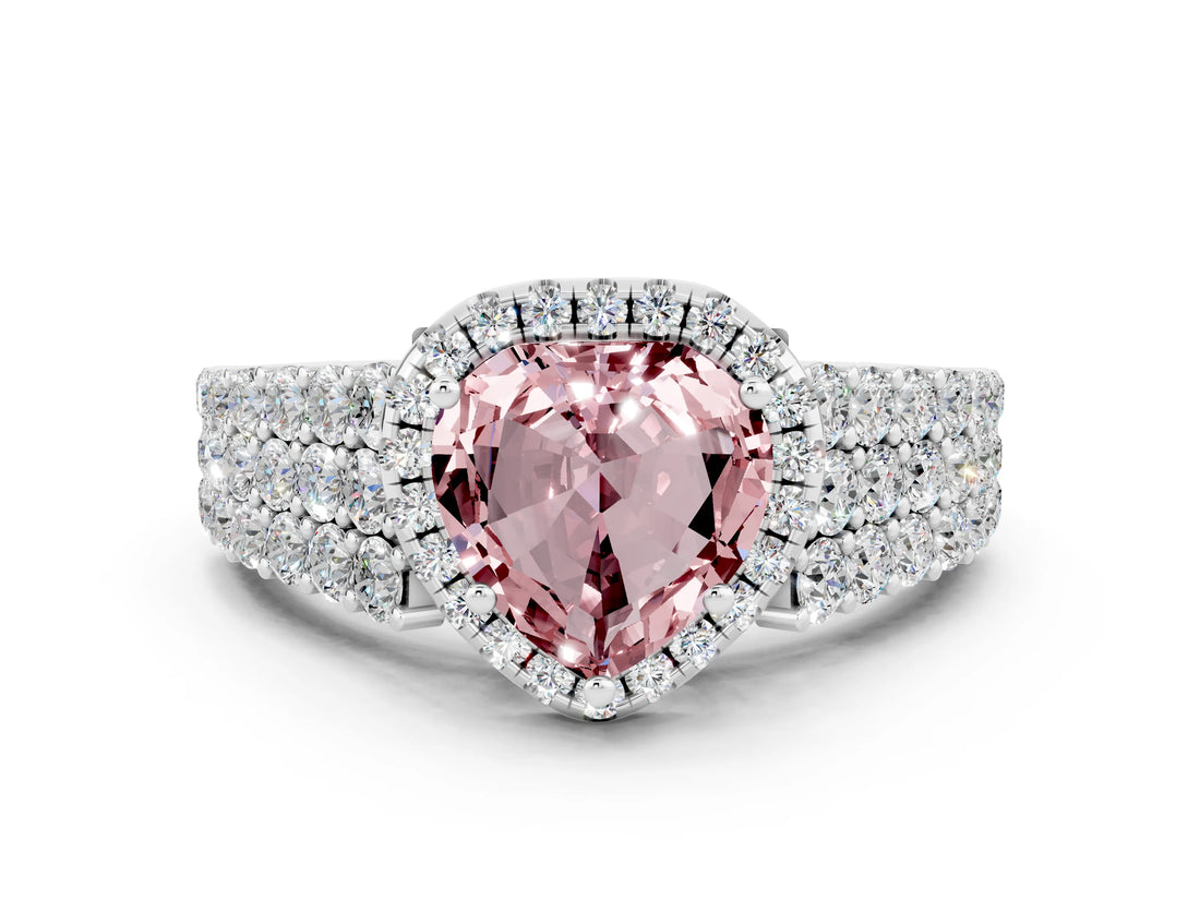 White gold Heart Cut Halo Pavé Diamond Engagement Ring with Split Shank and Four-Prong Setting