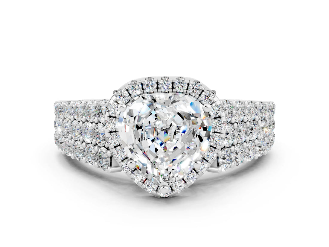 White gold Heart Cut Halo Pavé Diamond Engagement Ring with Split Shank and Four-Prong Setting