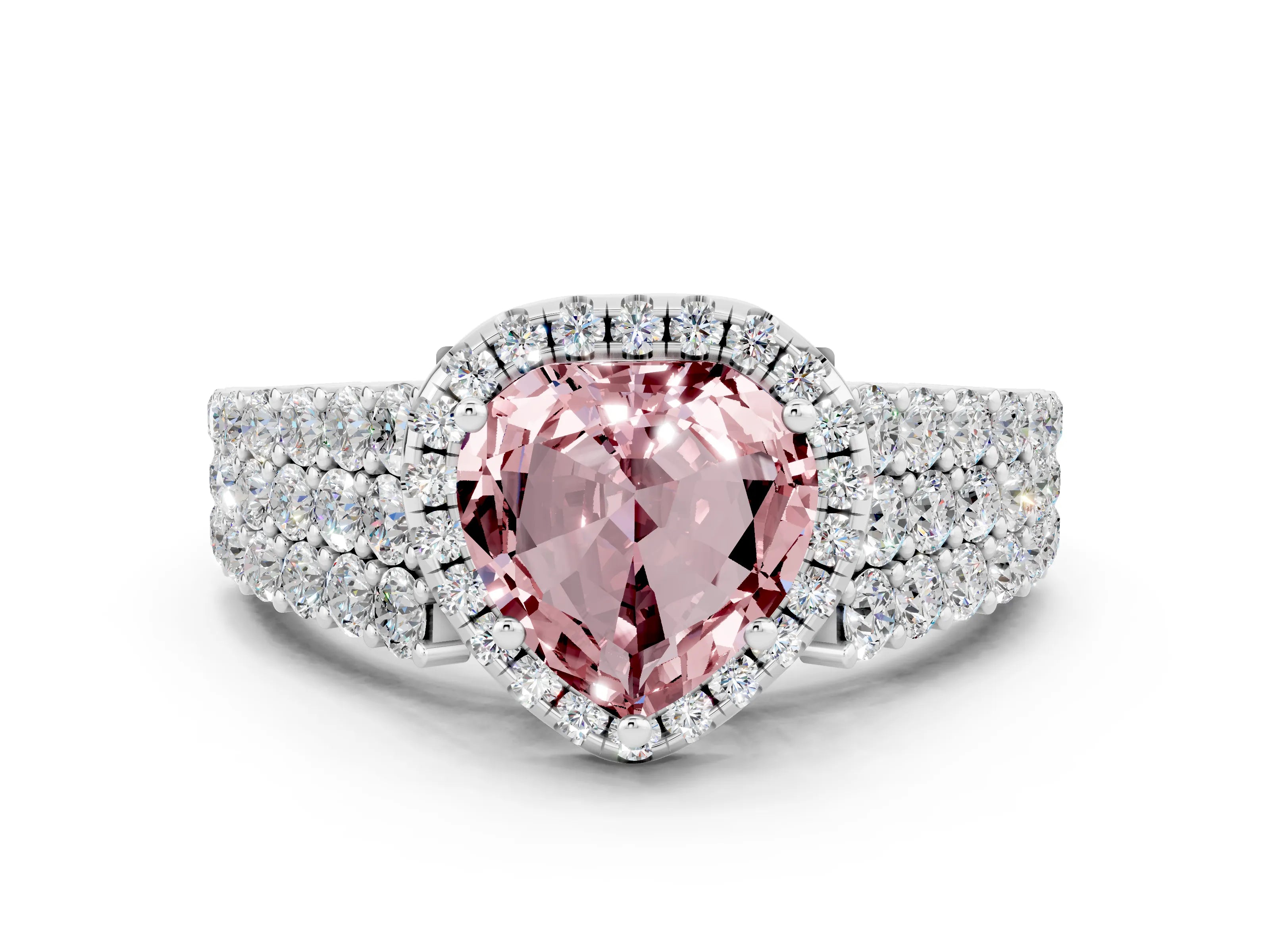 White gold Heart Cut Halo Pavé Diamond Engagement Ring with Split Shank and Four-Prong Setting
