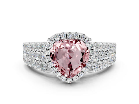 White gold Heart Cut Halo Pavé Diamond Engagement Ring with Split Shank and Four-Prong Setting
