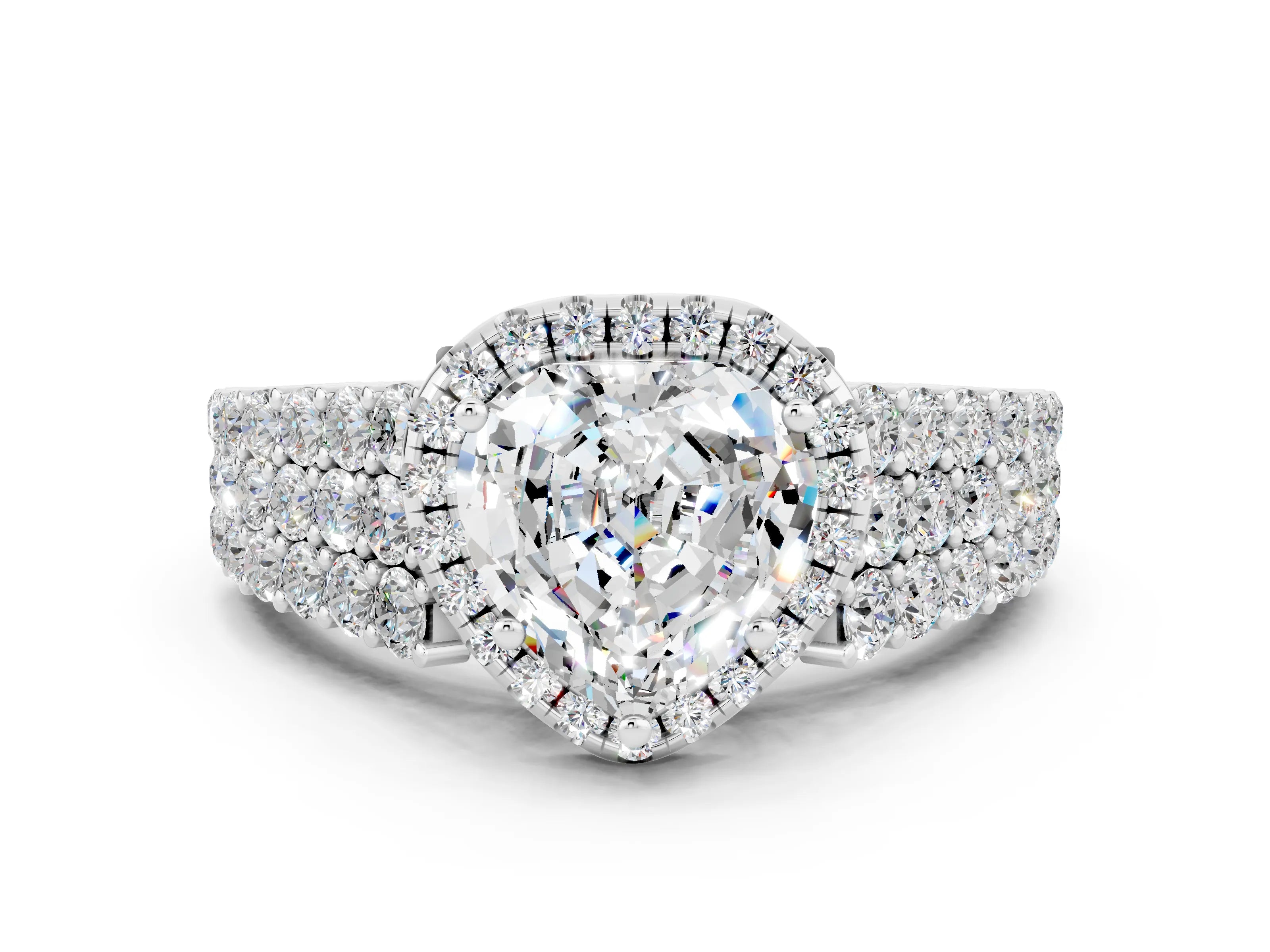 White gold Heart Cut Halo Pavé Diamond Engagement Ring with Split Shank and Four-Prong Setting