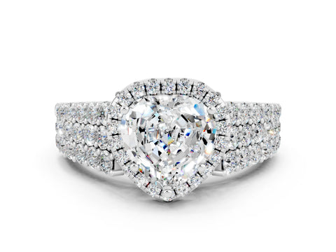 White gold Heart Cut Halo Pavé Diamond Engagement Ring with Split Shank and Four-Prong Setting