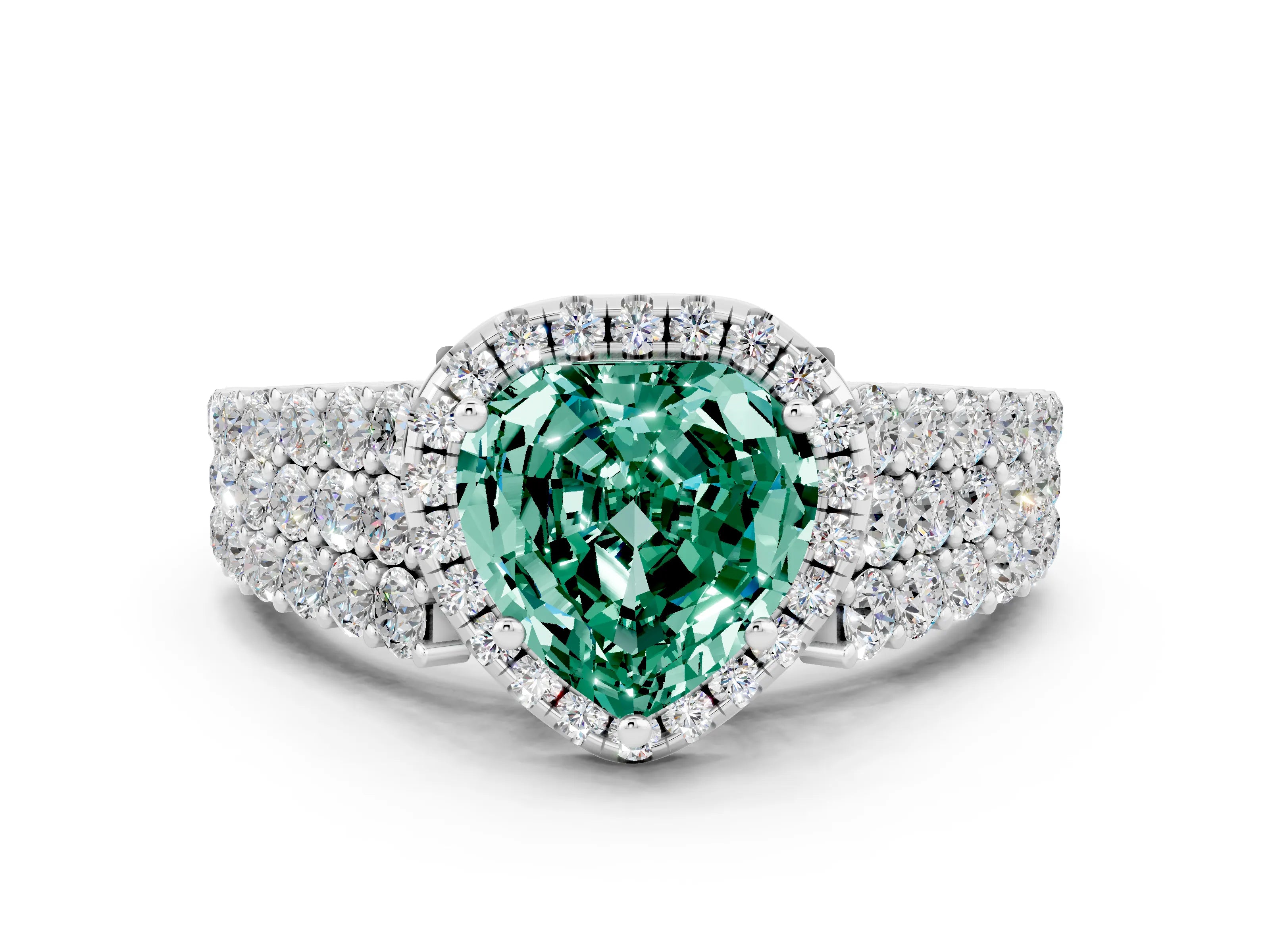 White gold Heart Cut Halo Pavé Diamond Engagement Ring with Split Shank and Four-Prong Setting