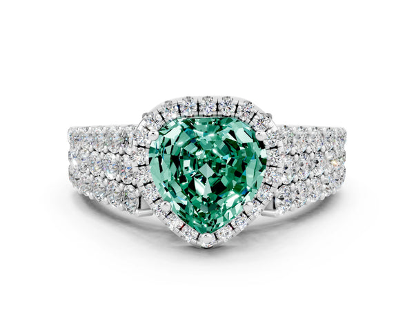 Silver Heart Cut Green Sapphire Halo Engagement Ring with Triple Row Round Pavé Band and Prong Setting