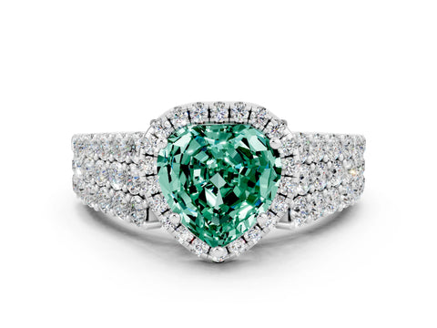 White gold Heart Cut Halo Pavé Diamond Engagement Ring with Split Shank and Four-Prong Setting