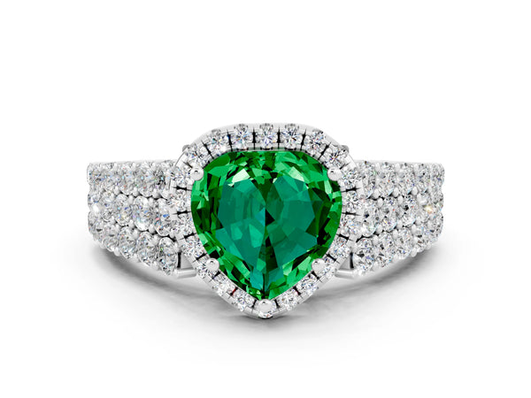 Platinum Heart Cut Emerald Halo Engagement Ring with Triple Row Round Pavé Band and Prong Setting