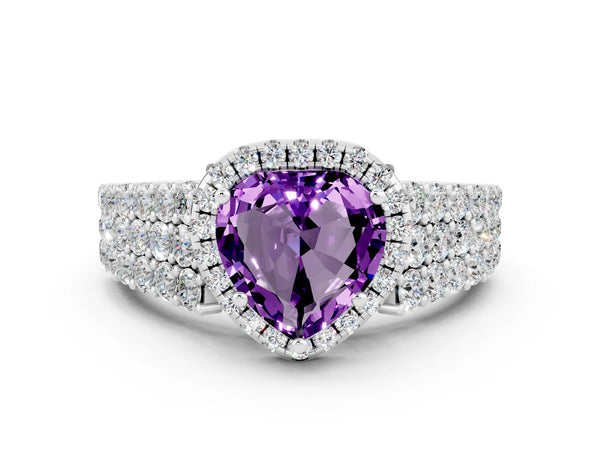 Silver Heart Cut Amethyst Halo Engagement Ring with Triple Row Round Pavé Band and Prong Setting
