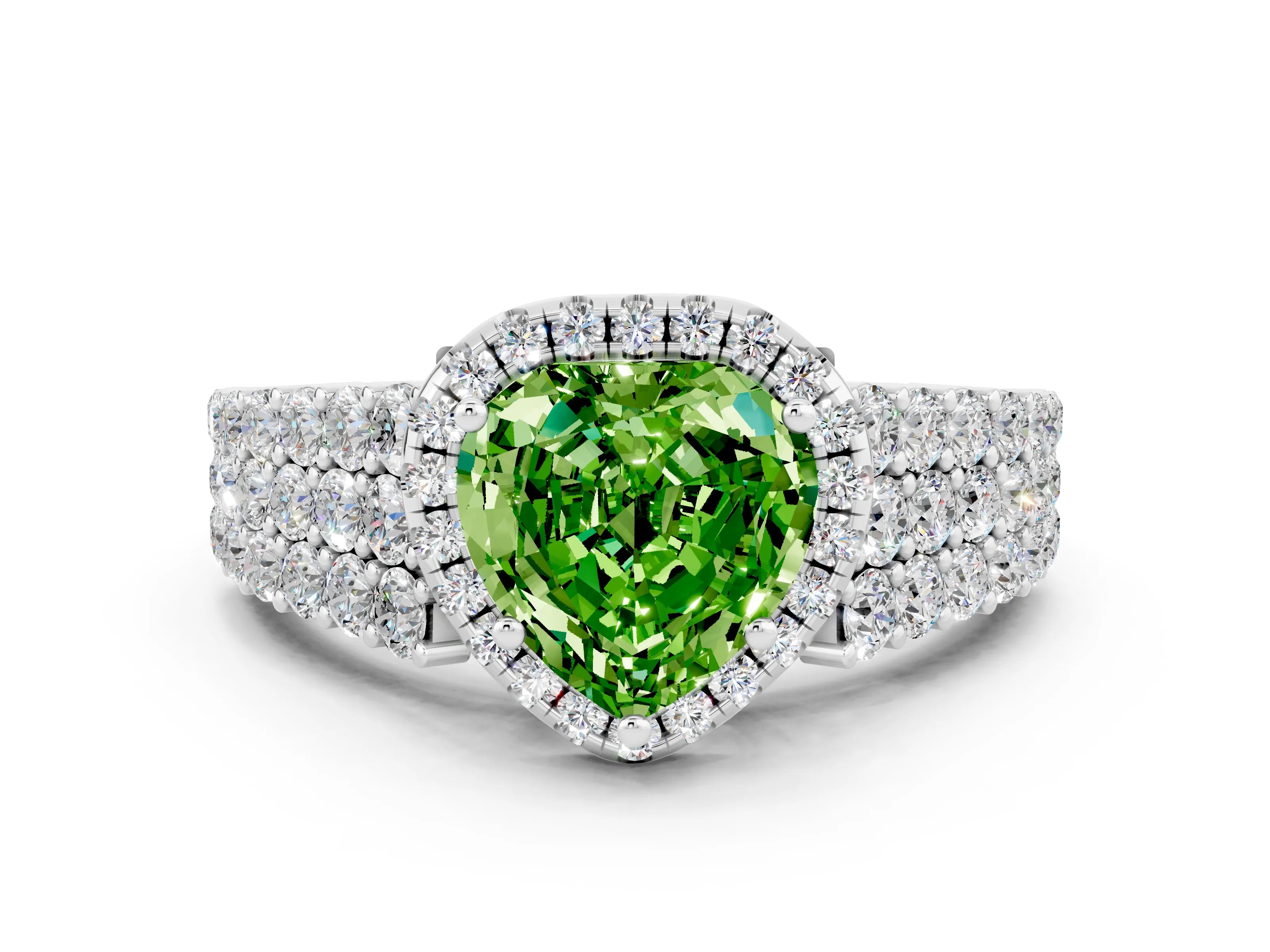 White gold Heart Cut Halo Pavé Diamond Engagement Ring with Split Shank and Four-Prong Setting