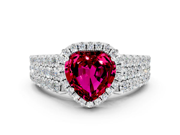 Platinum Heart Cut Garnet Halo Engagement Ring with Triple Row Round Pavé Band and Prong Setting