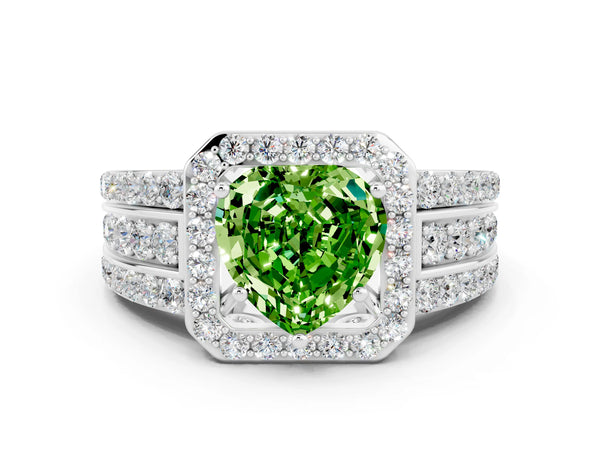 Platinum Heart Cut Halo Peridot Ring with Round  Split Shank and Prong Setting