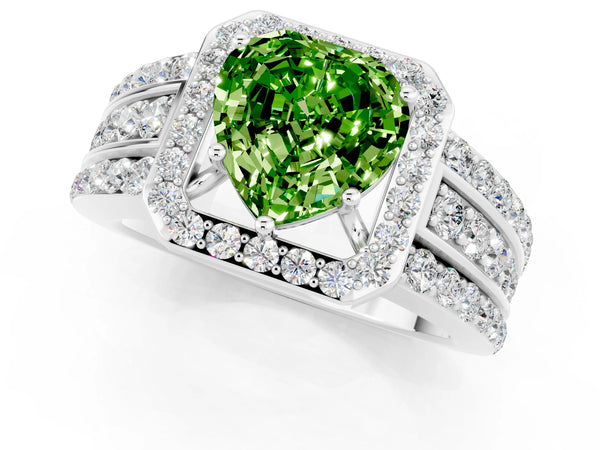 Platinum Heart Cut Halo Peridot Ring with Round  Split Shank and Prong Setting