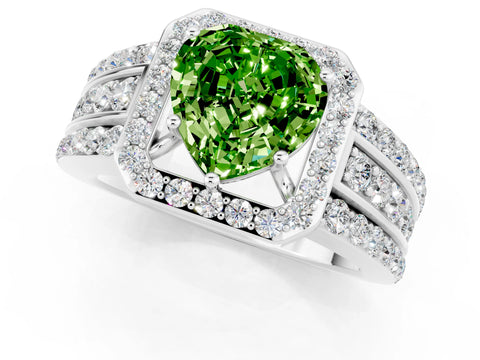 White gold Heart Cut Halo Peridot Ring with Split Shank and Four-Prong Setting_1