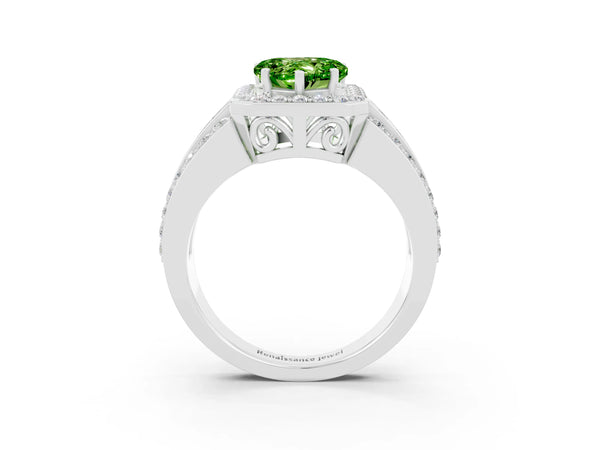 Silver Heart Cut Halo Peridot Ring with Round  Split Shank and Prong Setting