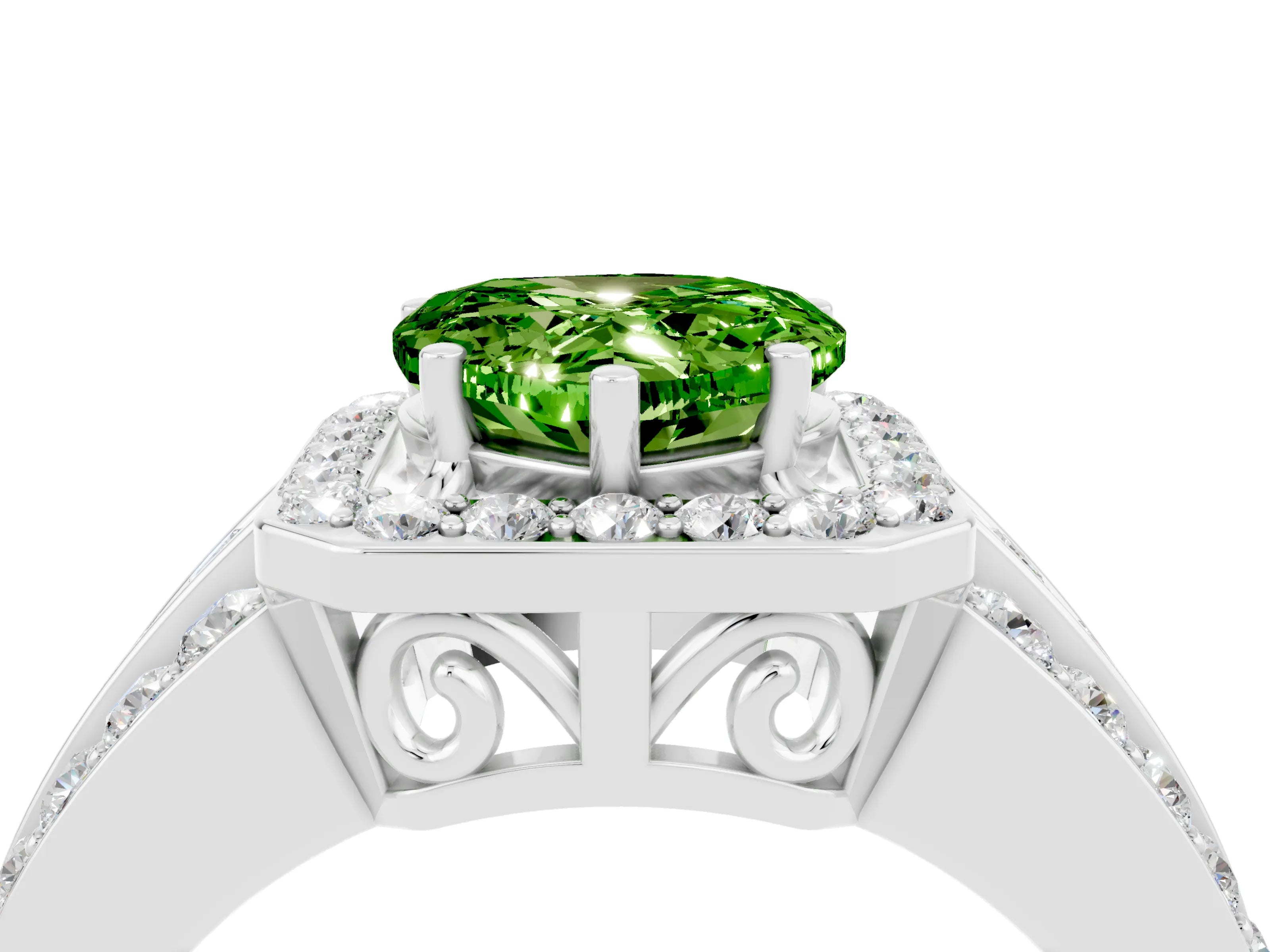 White gold Heart Cut Halo Peridot Ring with Split Shank and Four-Prong Setting_4